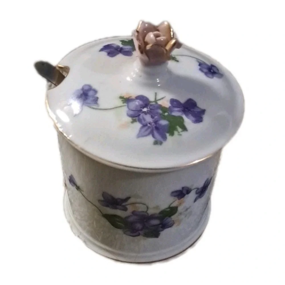 Vtg 2 PC Bond Ware L&M Jam J We ll Condiment Jar W Lid W Serving Spoon Violets